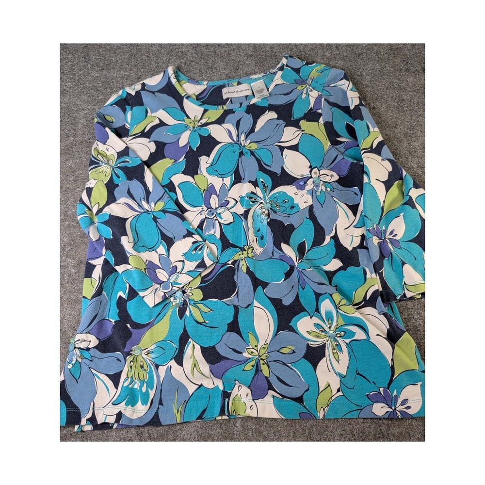 Alfred Dunner Womens Large Blue Floral Sequin Embellished 3/4 Sleeve Knit Top